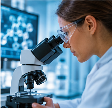 Kutató mikroszkóppal dolgozik egy laboratóriumban